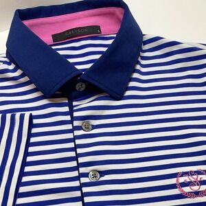 Greyson Golf Polo Mens Small White Blue Striped Stretch Logo Performance